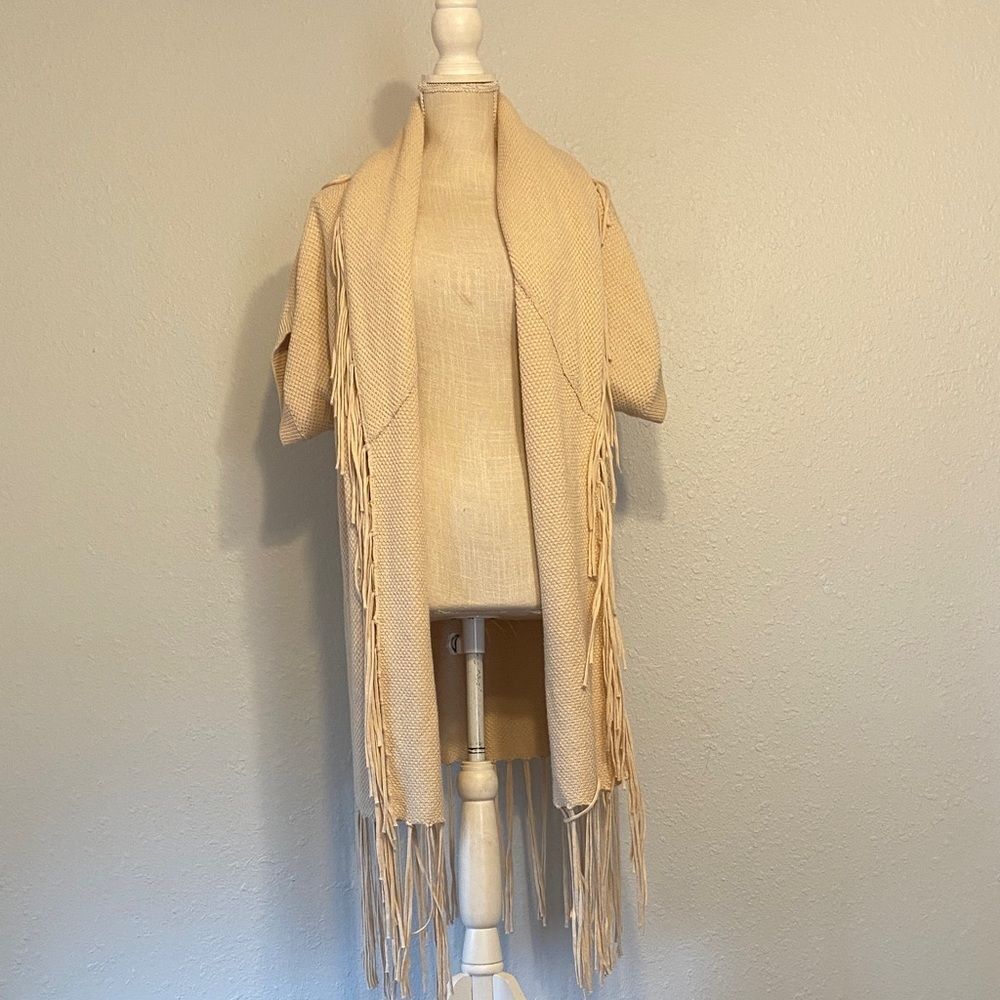 Boston Proper Oatmeal Knit Short Sleeve Fringe Boho Chic Open Front Cardigan SzM